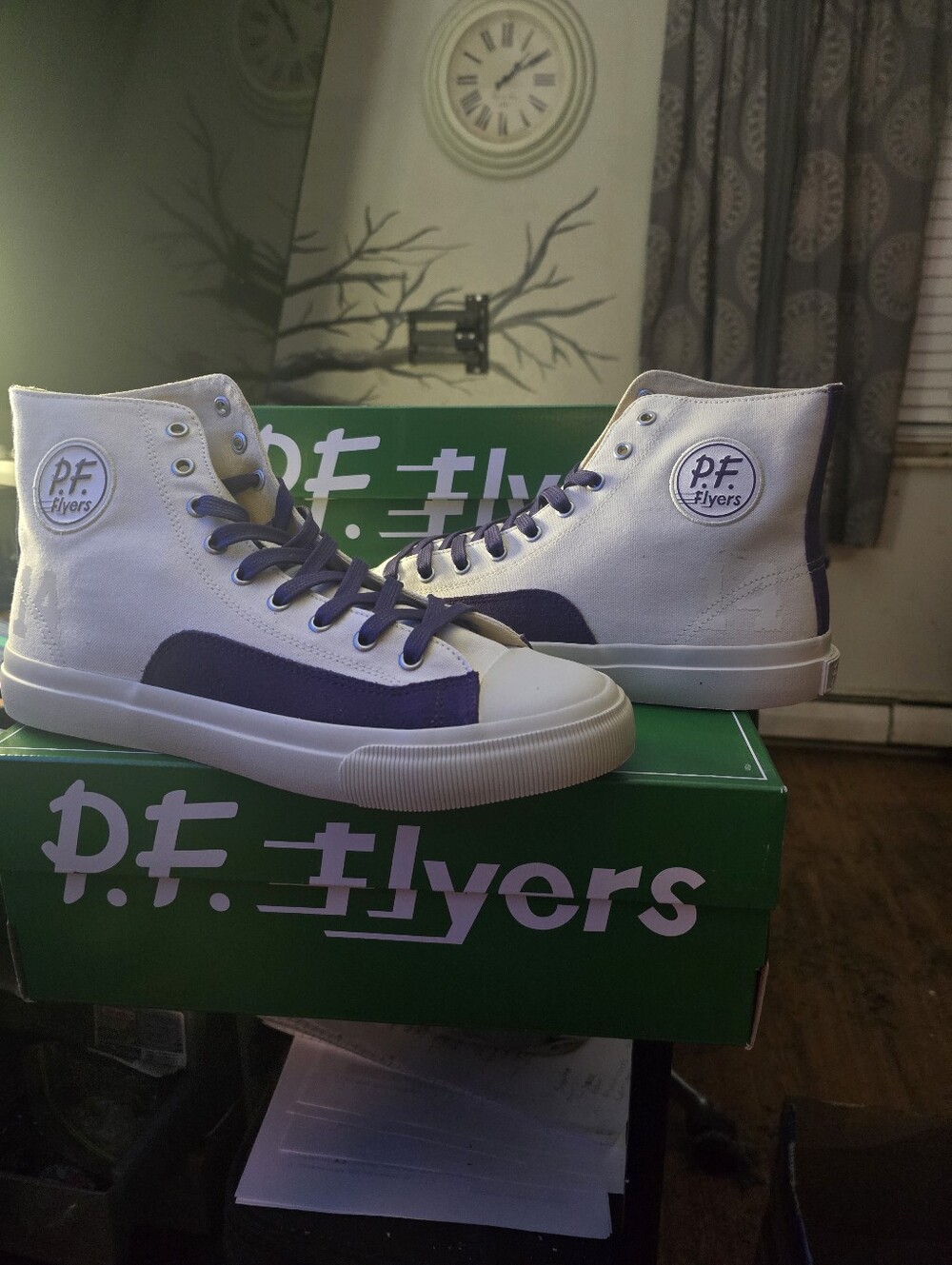 P.F. Flyers Men's High-Top Canvas Sneakers in White and Purple Accent